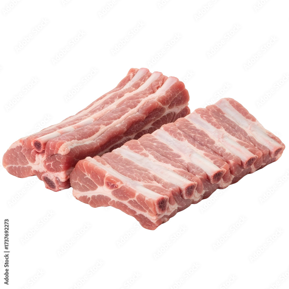 Fototapeta premium Two Pieces of Fresh Pork Ribs with White Meat and Bones Isolated