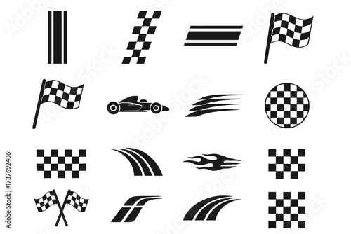 Collection of racing icons including flags, car, flames, stripes, and checkered patterns