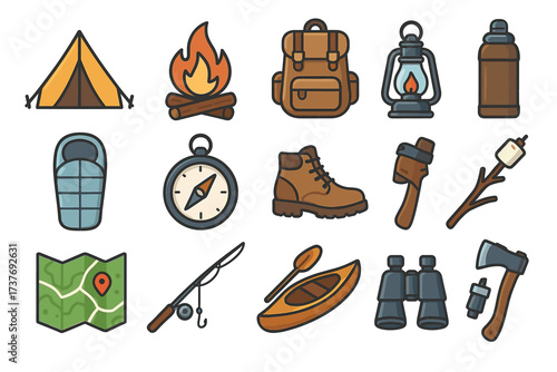 Colorful set of camping equipment icons including tent, lantern, and kayak