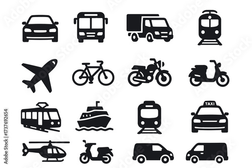Black silhouette icons of various transportation modes