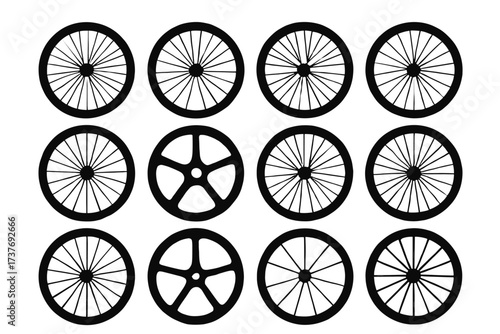 Collection of bicycle wheel designs: diverse spoke patterns and hub styles