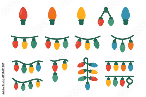 Colorful string christmas lights in various arrangements