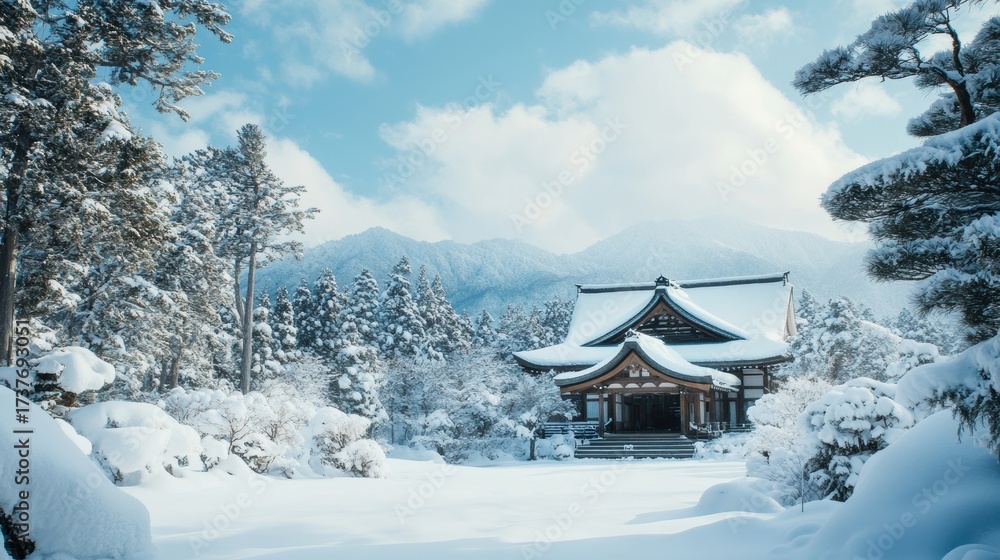 Naklejka premium Japanese temple surrounded by winter snow