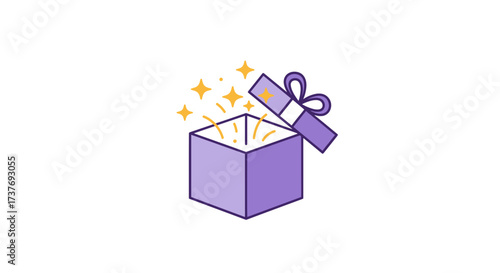 Purple gift box opening with sparkling stars and ribbon  