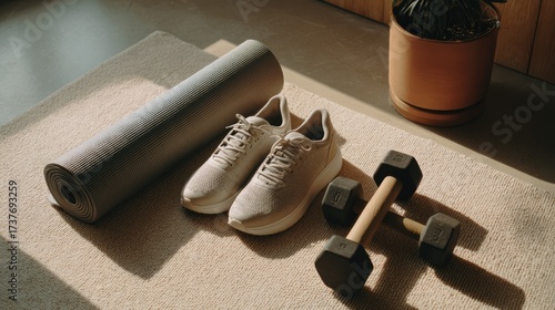 Fitness equipment for home workout concept. Dumbbells on exercise mat. 