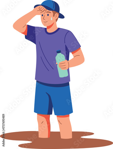 Illustration of man sweating in heat with water bottle outdoors summer heat
