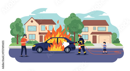 Firefighters bravely extinguish a car engulfed in flames on a suburban street saving nearby homes and bystanders.