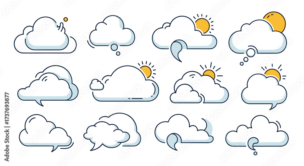 Obraz premium A collection of illustrated weather icons representing clouds and sunshine.