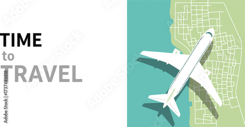 Time to travel airplane flying over city destination vacation planning trip