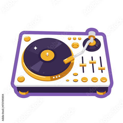 Turntable with vinyl record and buttons in modern flat design  