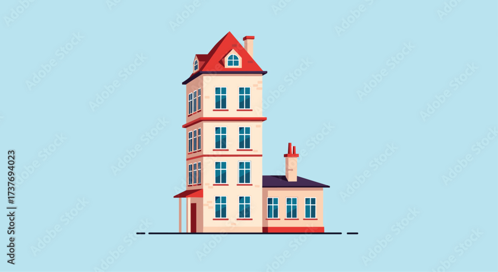 Fototapeta premium A tall and narrow residential building with a pointed red roof on a light blue background.
