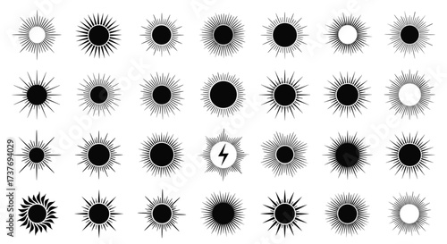 Collection of abstract sunburst explosion burst starburst graphic design elements.