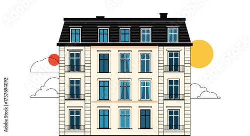 Charming historic residential building with multiple windows and unique architectural features.
