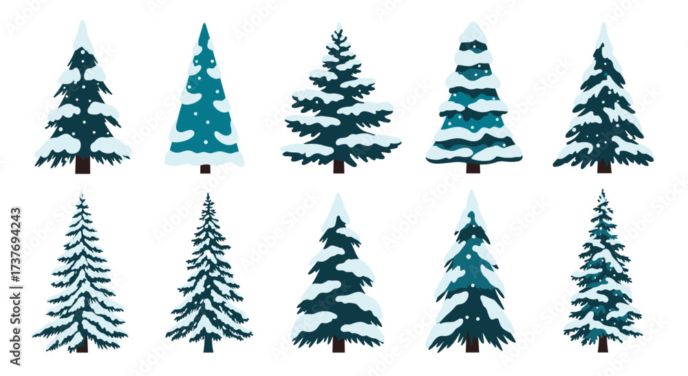 Obraz premium A collection of ten festive pixel art evergreen trees dusted with snow for winter decoration.