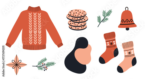 A collection of festive winter holiday icons including a sweater cookies pine sprigs and socks.