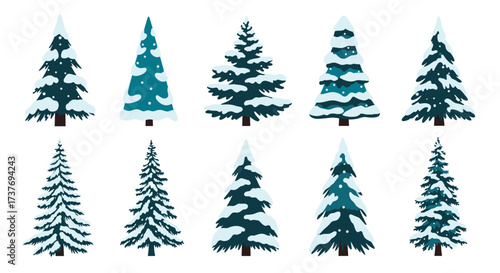 A collection of ten festive pixel art evergreen trees dusted with snow for winter decoration.