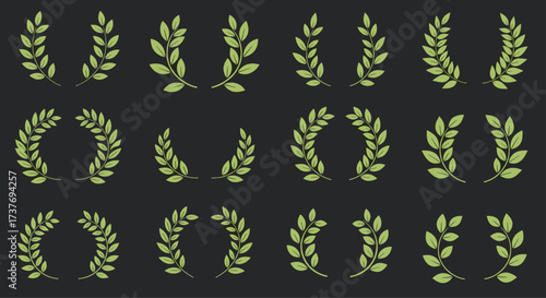 A collection of laurel wreath icons in varying shapes and sizes.