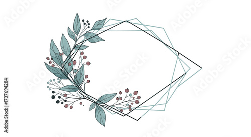 A delicate floral wreath with berries and geometric frame in subtle colors.