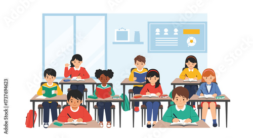 Children in a classroom setting actively participating in a lesson and completing assignments.