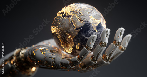 Robot Hand Holding Glowing Earth Globe Symbolizing Future Technology
