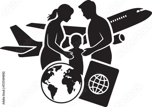 Family Travel Silhouette with Airplane Globe and Passport vector illustration