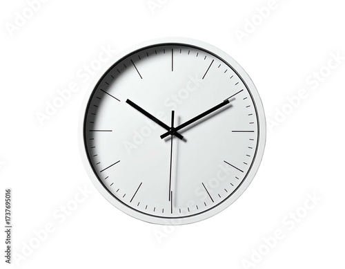 Minimalist white clock face with black hands, casting a subtle shadow, isolated on black