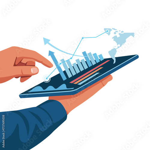 A hand analyzes a digital growth chart overlaying a global map, isolated on a white background.