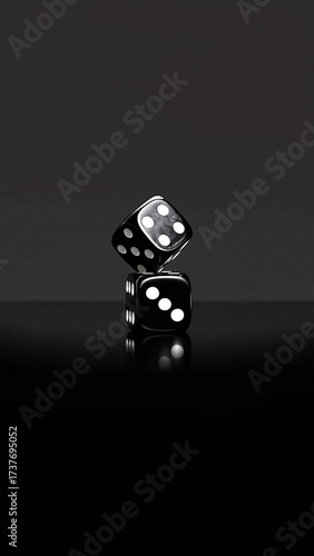Stunning black dice stacked in perfect balance, reflecting on glossy surface, creating a dramatic and captivating visual for games and chance concepts