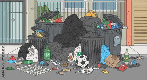 Overflowing garbage bins and trash scattered across the ground in an urban alleyway.