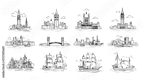 Collection of twelve hand-drawn architectural cityscape sketches featuring landmarks and skylines vector