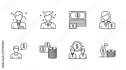 Financial icons set business professionals money growth investment symbols hand drawn style vector
