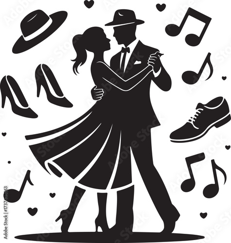 Silhouette of a Dancing Couple Surrounded by Hats, Shoes, and Musical Notes woman