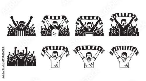 Enthusiastic sports fans cheering with scarves and raised arms in a stadium crowd vector