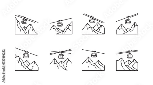 Mountain gondola lift scenes set outline style ski resort transportation scenery panoramic views vector
