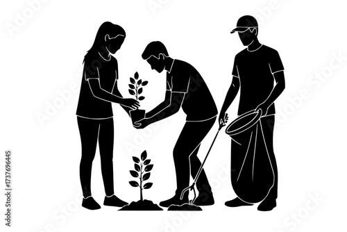 Vector Silhouette of an Urban Gardener Tending to a Balcony or Container Garden