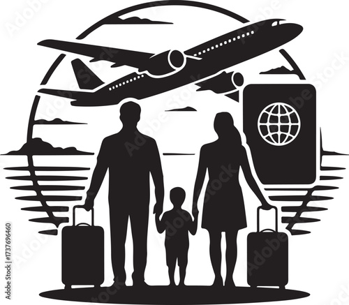 Silhouette of a family traveling by airplane with passports and luggage flying