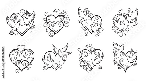 Heart designs with birds and flowers hand drawn sketch collection for romantic themes vector