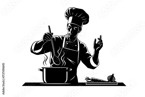 Dynamic Vector Silhouette of a Home Chef Cooking or Preparing Food