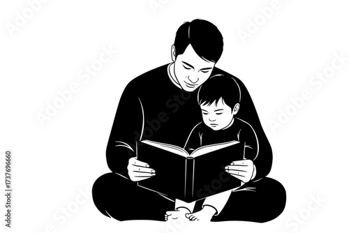 Vector Silhouette of a Parent and Child Reading a Book Together