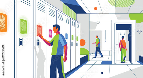 Students interact with locker displays in a bright school hallway.