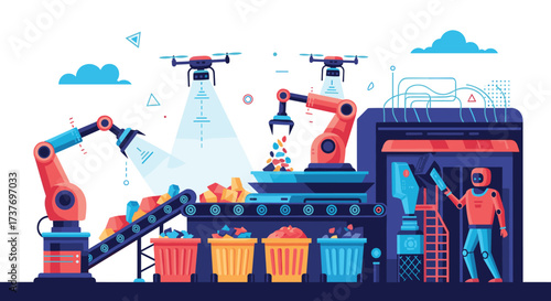 Automated factory utilizing robotic arms and drones for efficient sorting and processing of materials.