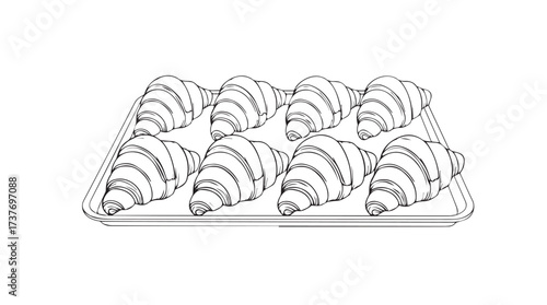 Hand drawn croissant array freshly baked pastries on a tray delicious breakfast bakery food vector