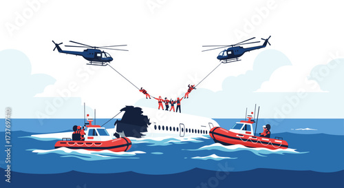 Rescue operation in progress from a partially submerged vessel at sea with helicopters and boats assisting survivors.