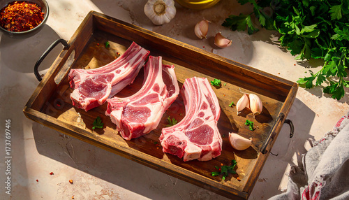 Fresh raw lamb and pork chops with raw meat slices on a wooden butcher's board