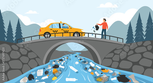 A person litters from a bridge while a taxi drives over it and the river below is filled with garbage.