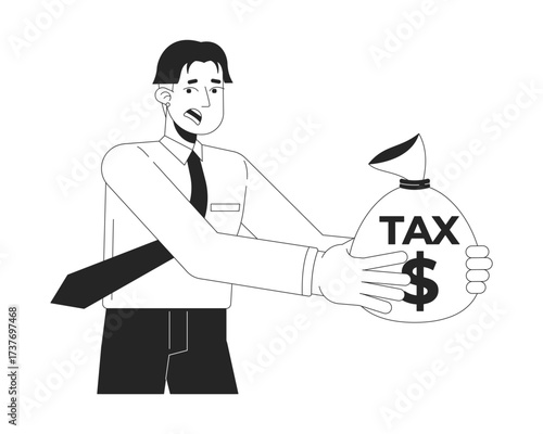 Worried asian business man holding tax money bag 2D line character. Stressed entrepreneur. Korean corporate male taxpayer anxiety isolated vector ink outline person. Monochromatic spot illustration