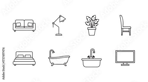 Collection of hand drawn furniture and home decor icons for interior design concepts vector