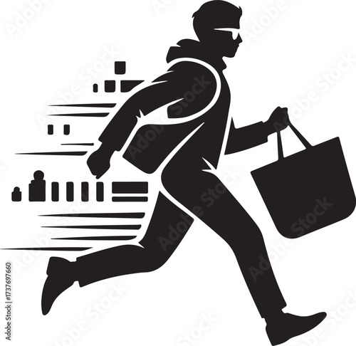 Silhouette of a Man Running with a Shopping Bag and City Background Motion Blur speed