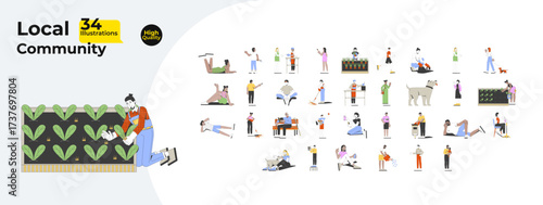 Local community people and gardening cartoon flat illustrations mega bundle. Volunteering, planting, relaxing, enjoying activities 2D images isolated on white. Collection vector drawings colorful