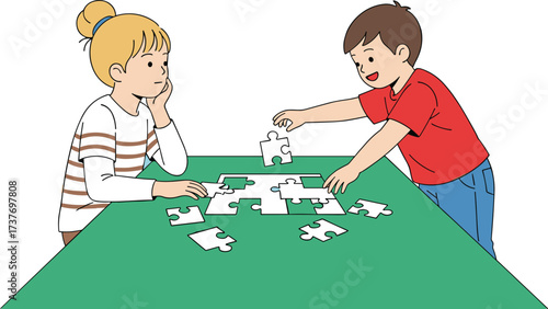 Children playing puzzle game, boy and girl teamwork, kids learning activity, family fun time, educational illustration, problem solving, child development